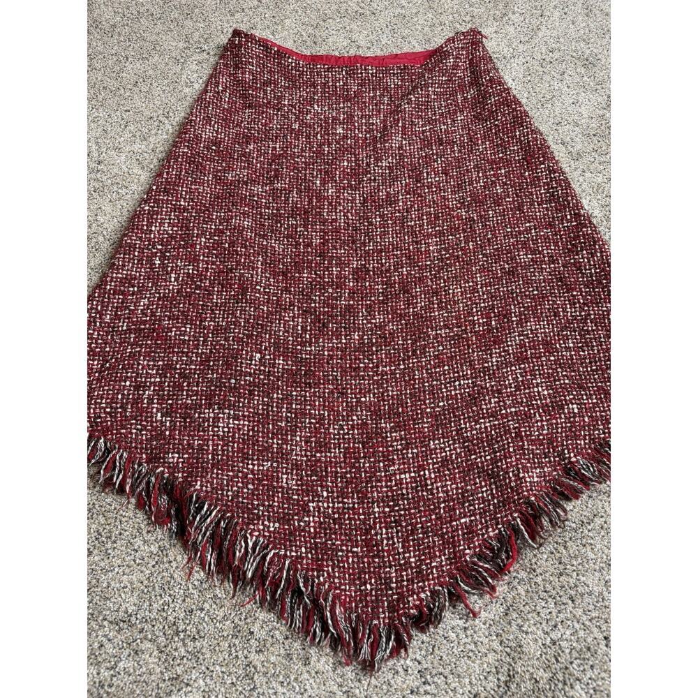 Vintage ISDA & Co Skirt Red Black Boucle Asymmetrical Fringe Hem Size 12